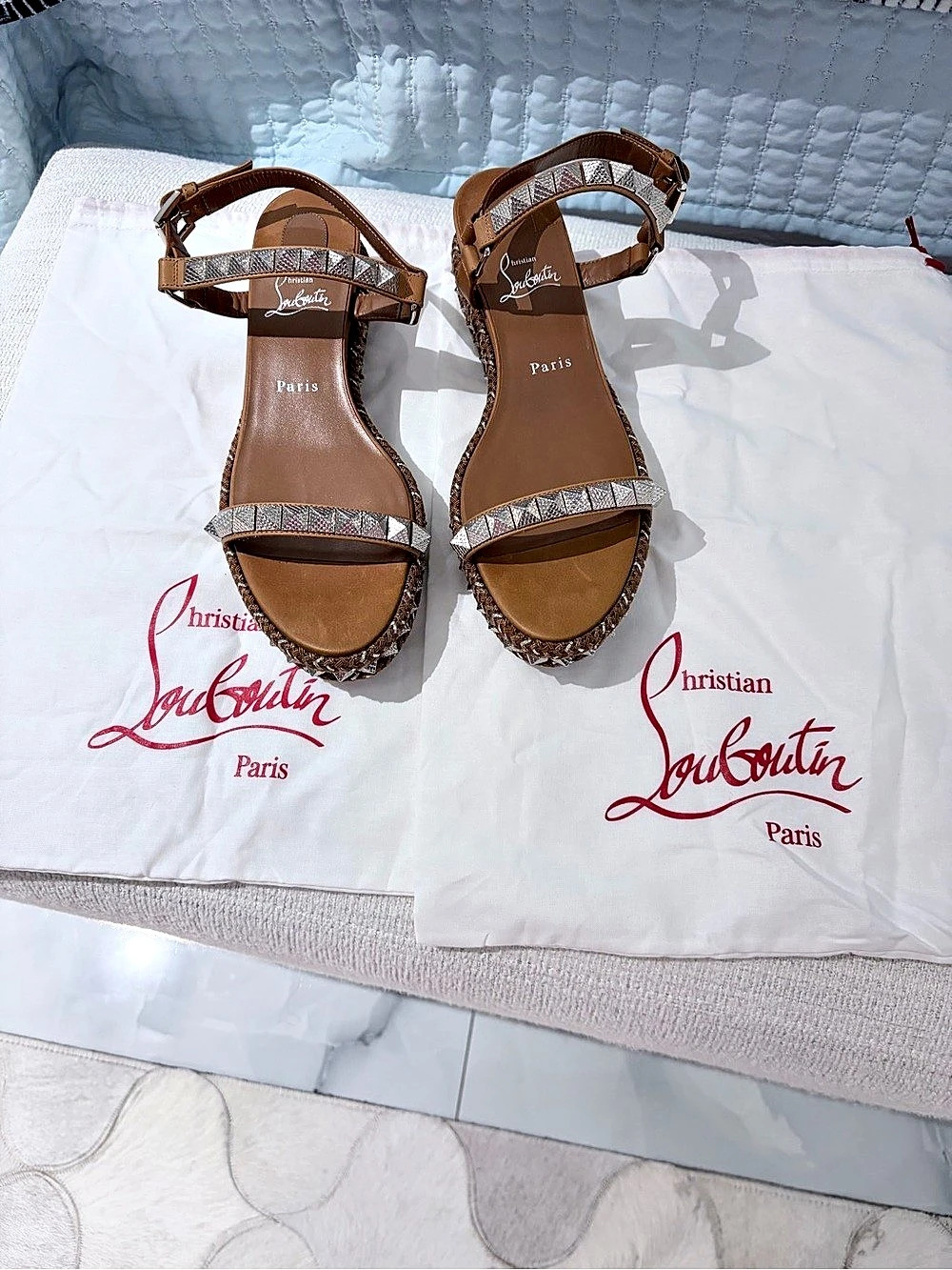 Christian Louboutin Cataclou Studded Espadrille Wedge Sandals Brown EU 40